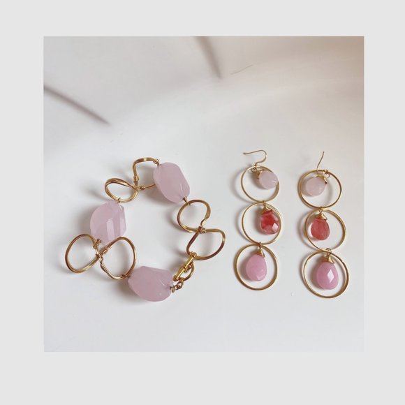 High Quality Rose Quartz, Gold-Plated Jewelry Set - Picture 1 of 5